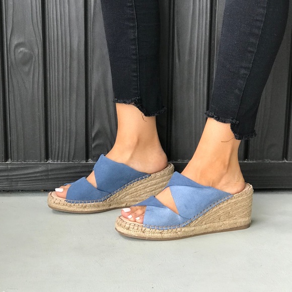 NIB Denim Blue Leather Espadrille Heel Mule Slides - Picture 5 of 7